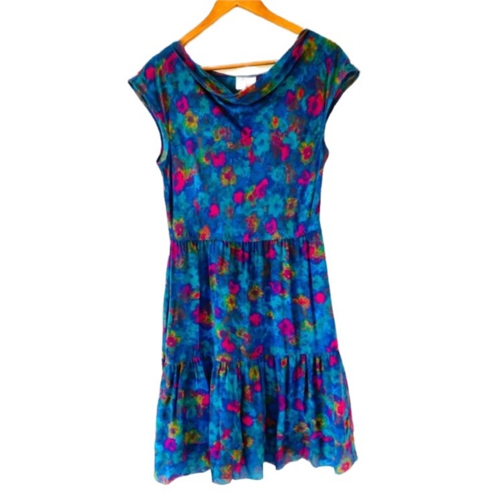Blue Floral Cap-Sleeve Tiered Dress